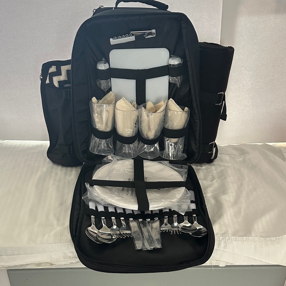 Elegant Black Picnic Backpack with Complete Cutlery Set